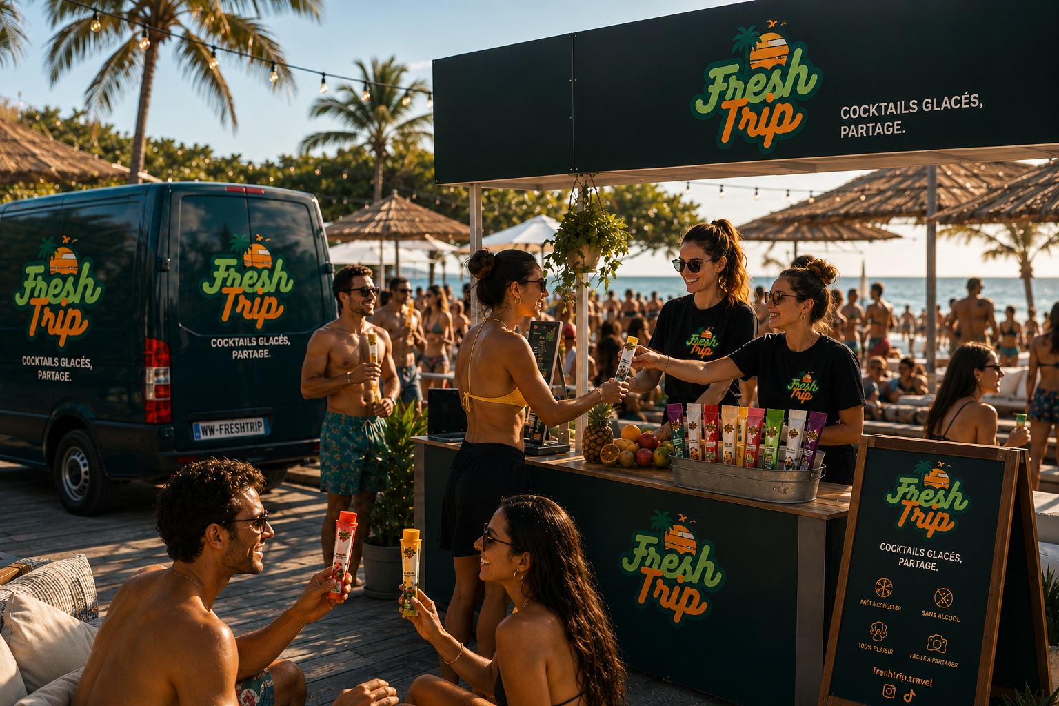 Stand FreshTrip lors d'un événement festif au coucher du soleil
